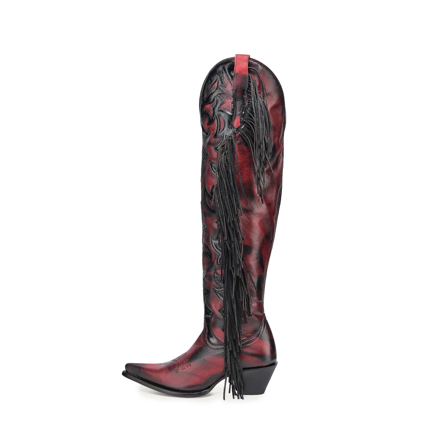 Contrast Black And Brown Pointed-Toe Embroidery Half-Zip Fringe Knee High Cowgirl Boots