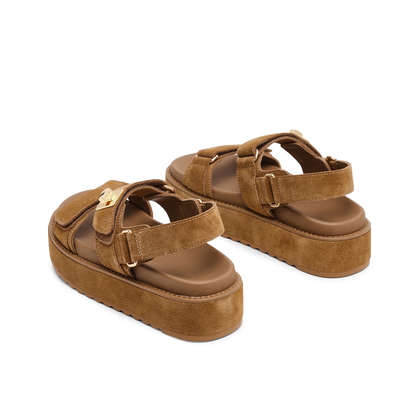 Tan Faux Suede Square-Toe Three Straps Sandals Flats