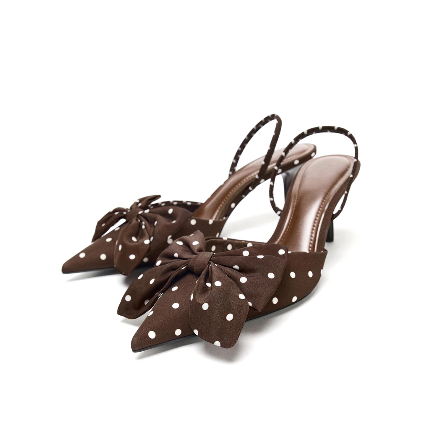 Brown Satin Polka Dot Pointed-Toe Front Big Bow Slingback Kitten Heels