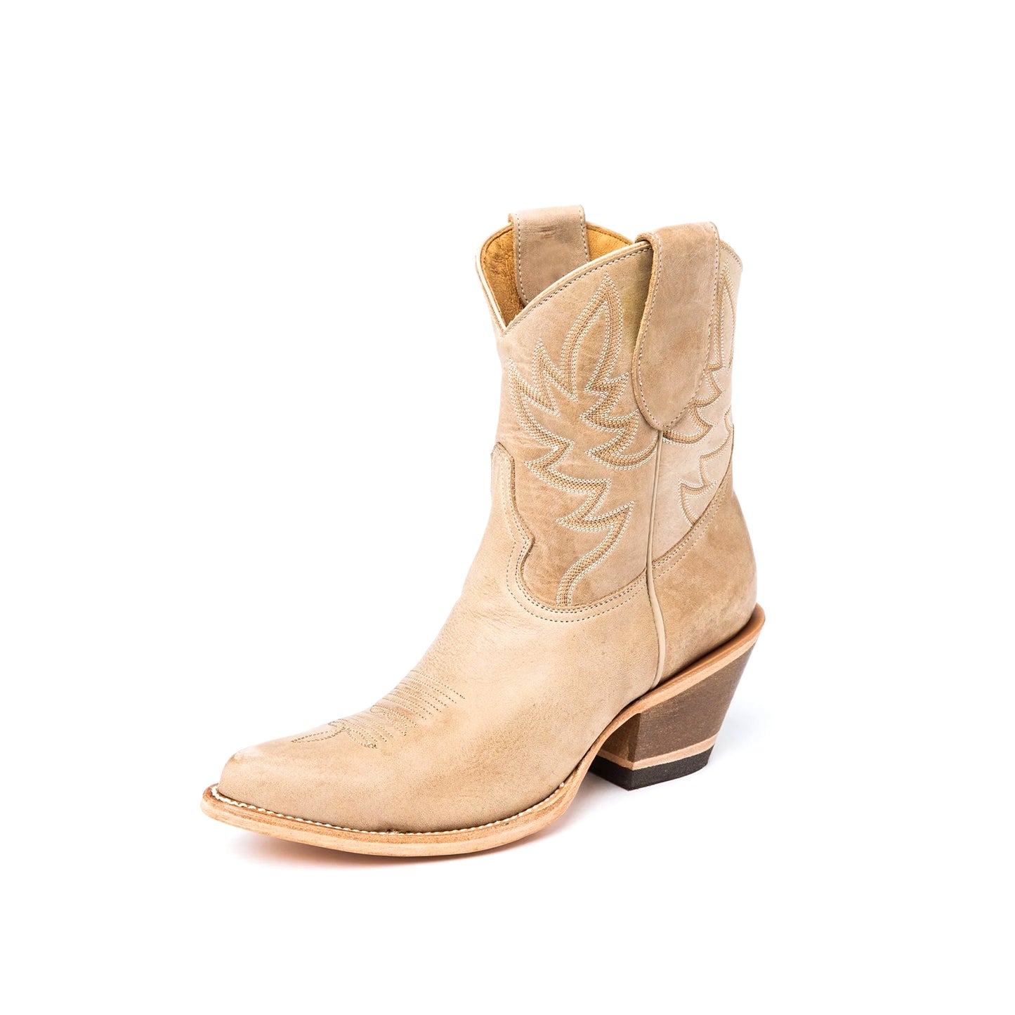 Sand Almond-Toe Embroidery Ankle Cowgirl Boots