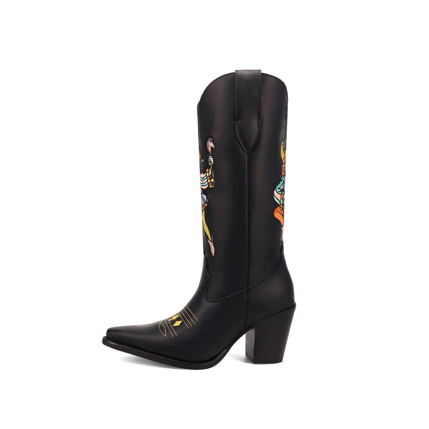 Black Snip-Toe Joker Embroidery Mid Calf Cowgirl Boots