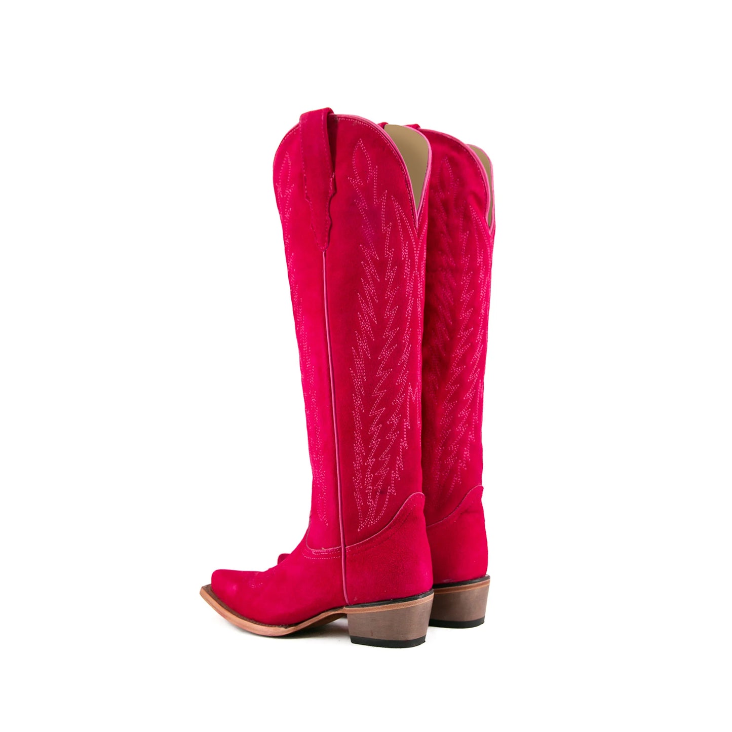 Candy Red Faux Suede Snip-Toe Embroidery Half-Zip Knee High Cowgirl Boots