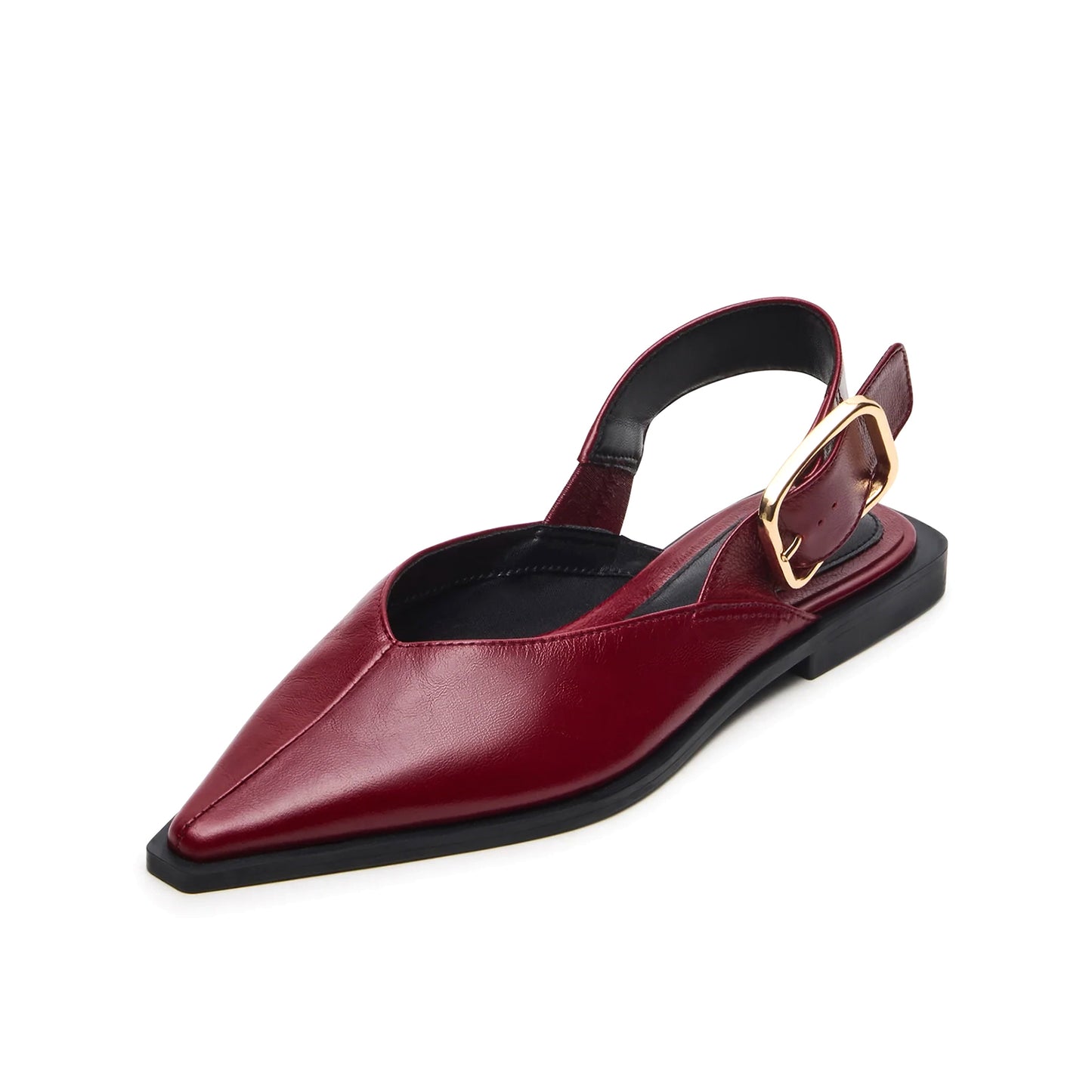 Burgundy Vegan Leather Pointed-Toe Slingback Buckle Flats