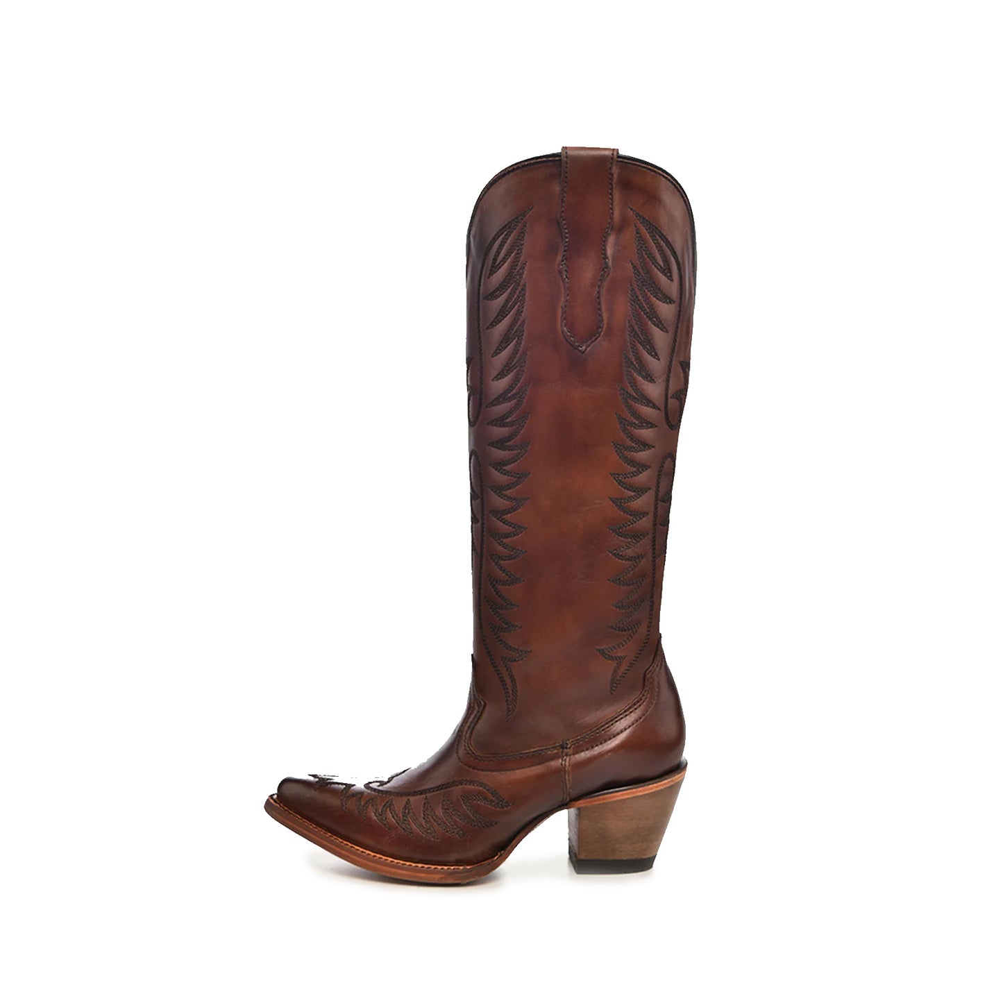 Cognac Almond-Toe Embroidery Wide Calf Knee High Cowgirl Boots