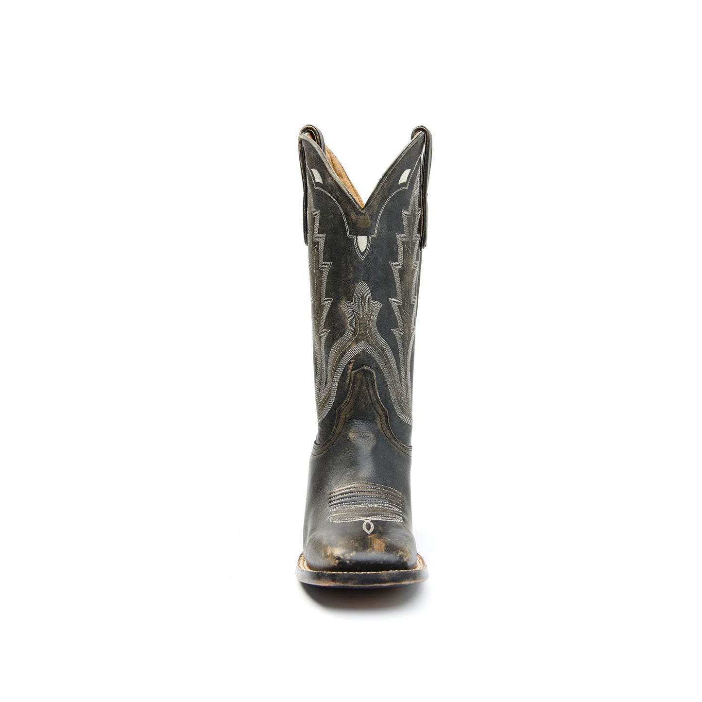 Distressed Black Square-Toe Embroidery Mid Calf Cowgirl Boots