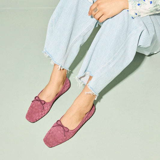 Wine Red Woven Faux Suede Square-Toe Front Bow Ballet Flats