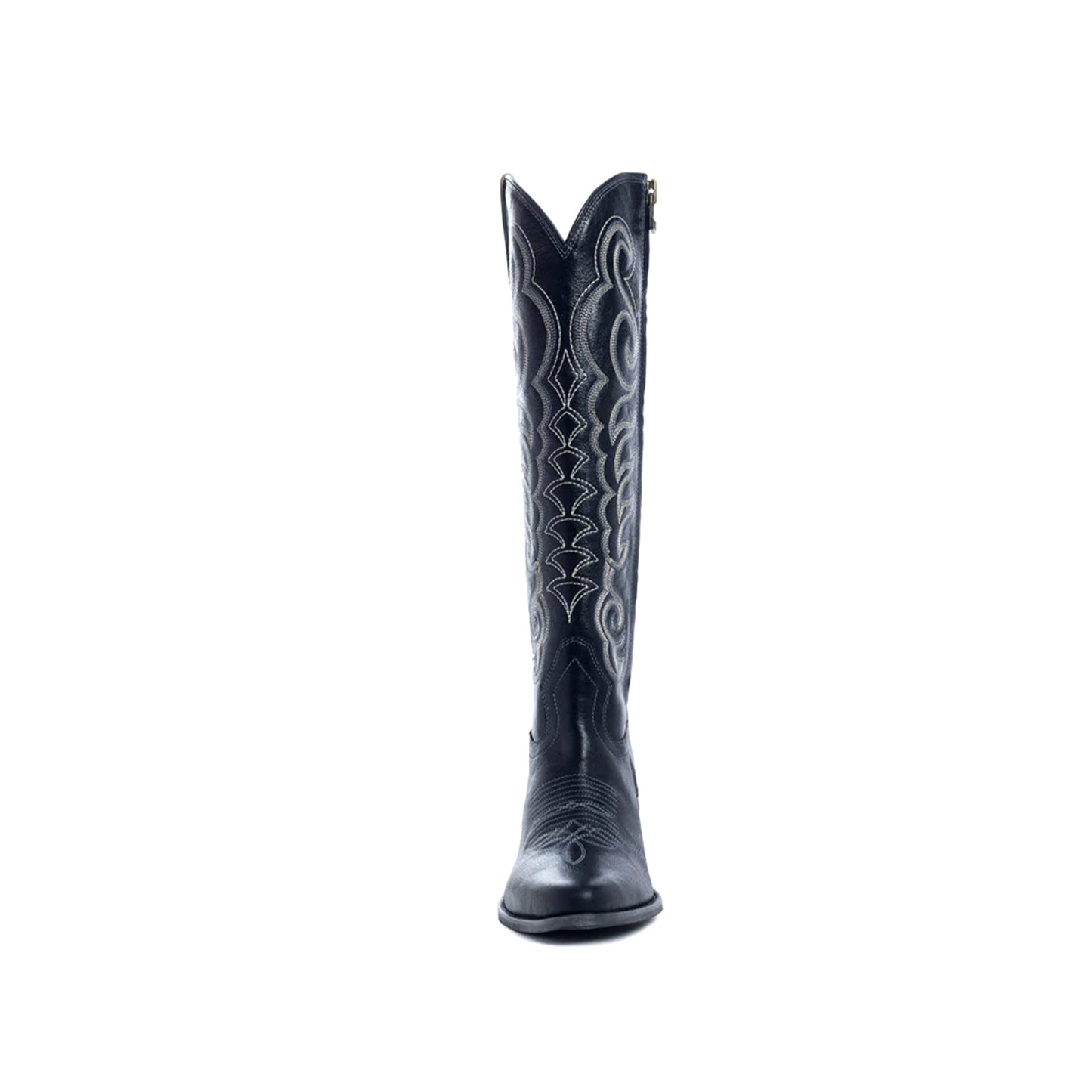 Black Almond-Toe Curled Embroidery Full-Zip Knee High Cowgirl Boots