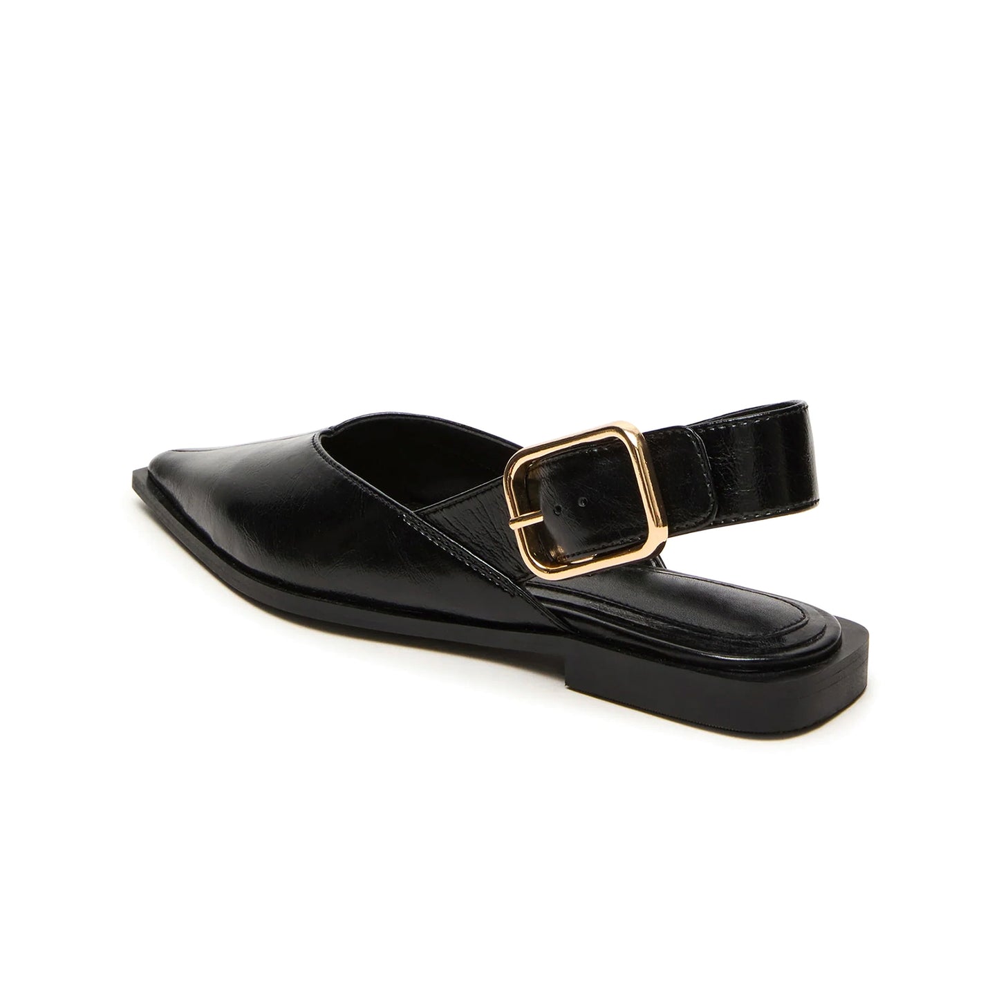 Black Vegan Leather Pointed-Toe Slingback Buckle Flats