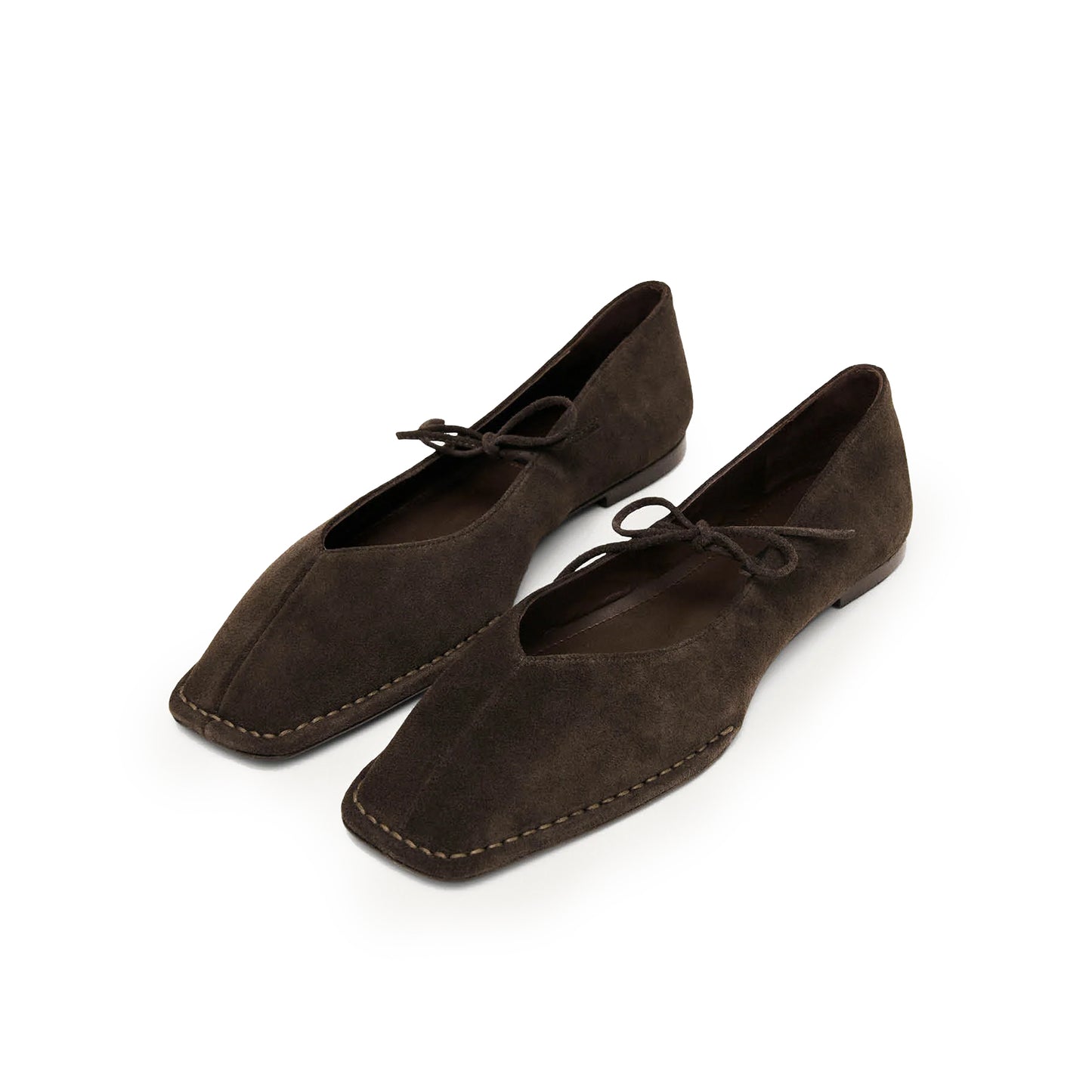 Coffee Faux Suede Square-Toe V-Cut Vamps Bridge Self-Tie Bow Ballet Flats