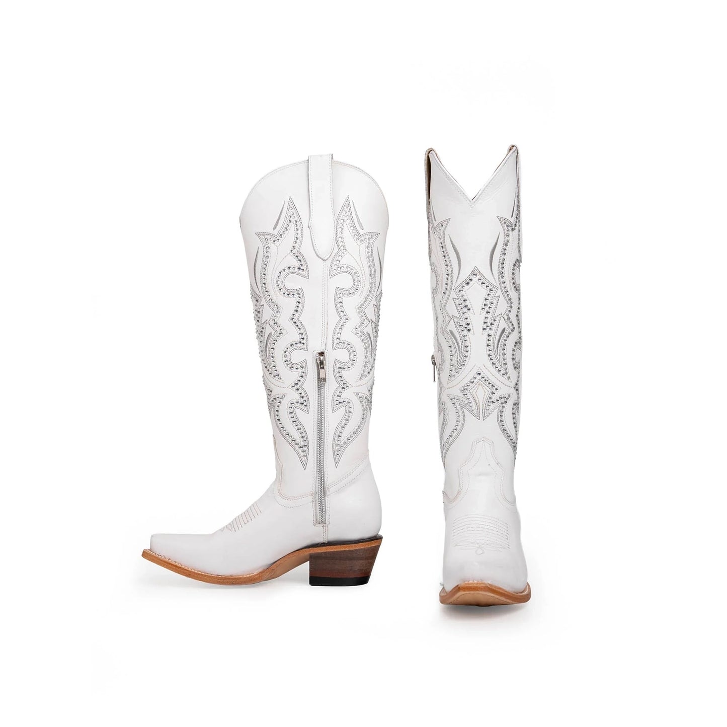 White Snip-Toe Rhinestone And Embroidery Half-Zip Knee High Cowgirl Boots