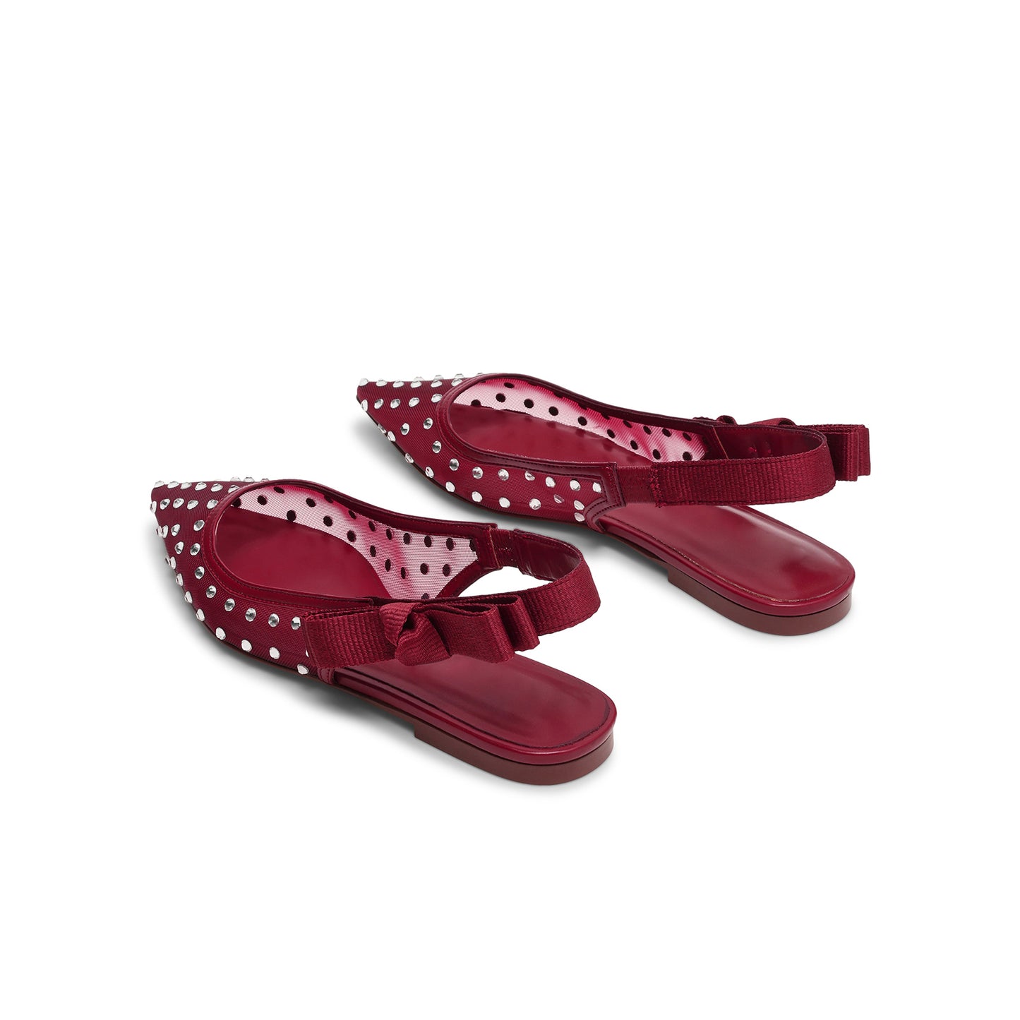 Red Mesh Pointed-Toe Rhinestones And Slingback With Bow Flats