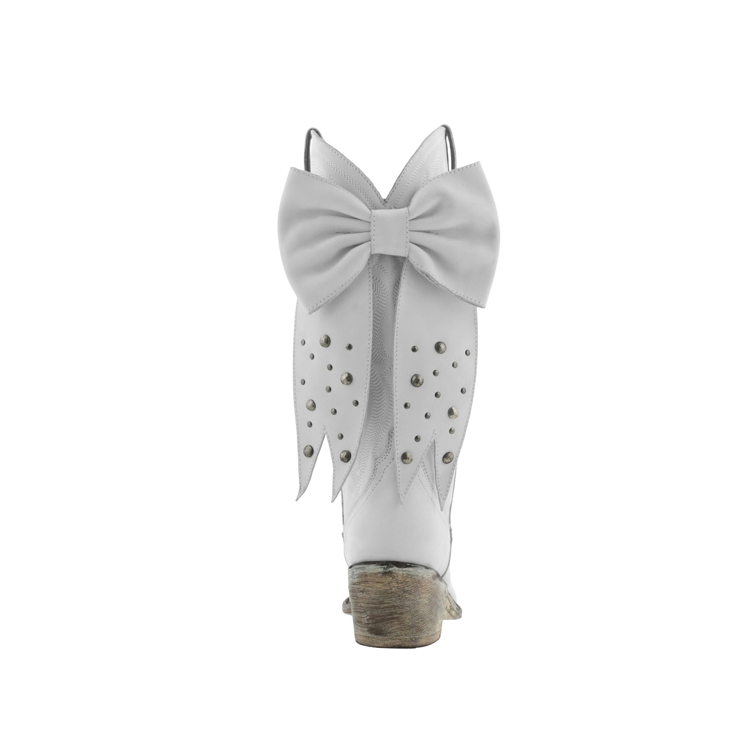 White Pointed-Toe Embroidery Back Studded Bow Mid Calf Cowgirl Boots