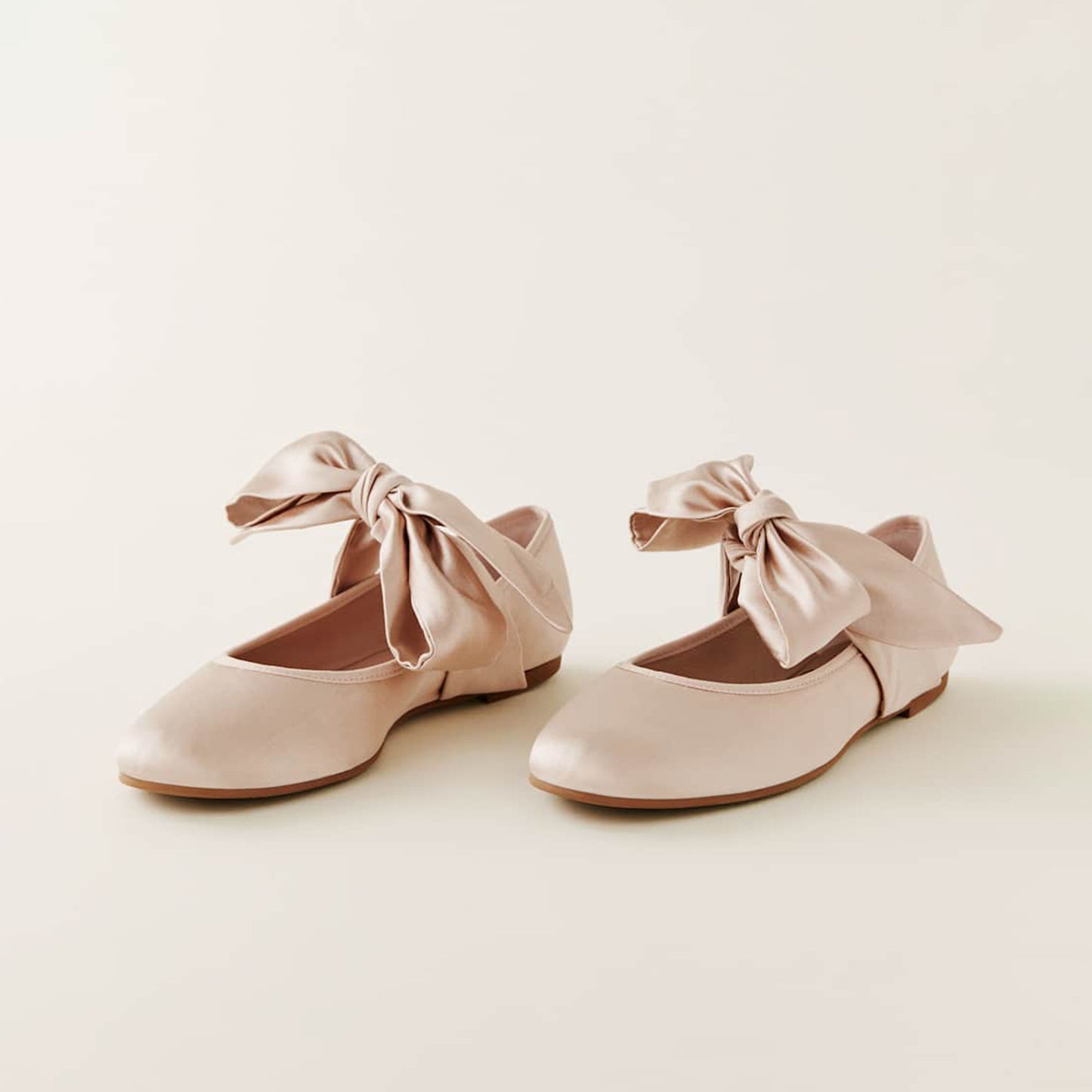 Pink Satin Round-Toe Bridge Bow Strap Ballet Flats