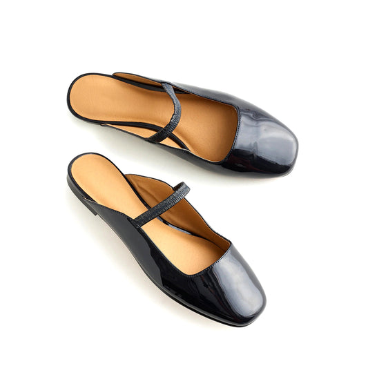 Patent Indigo Square-Toe Bridge Strap Slip-On Flats