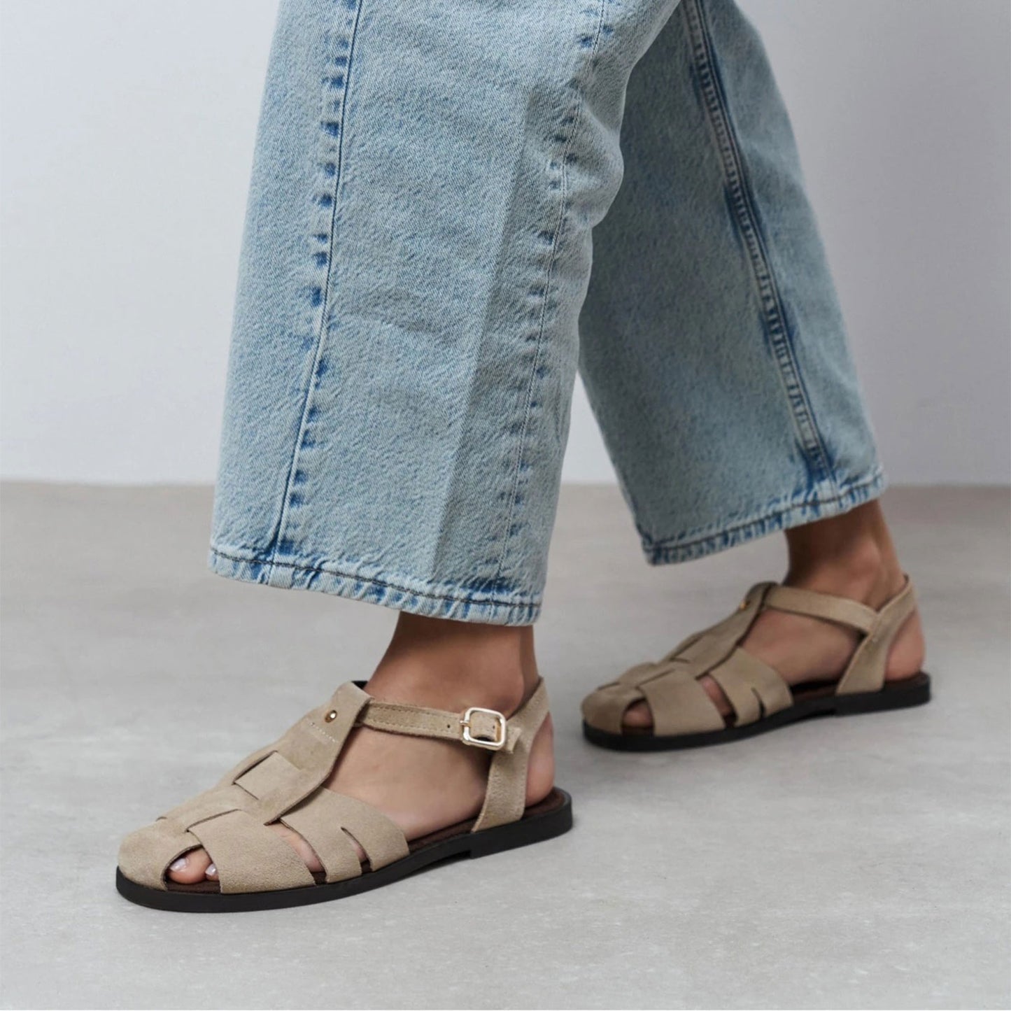 Beige Cow Suede Round-Toe Caged Detail Buckle Sandals Flats