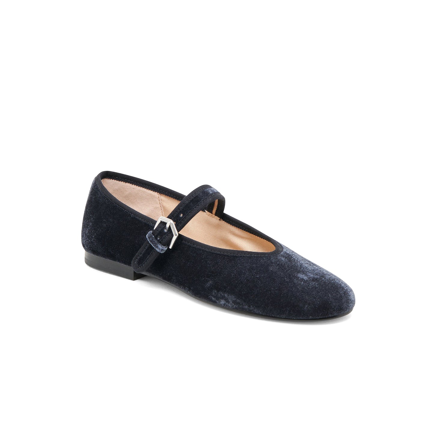 Dark Blue Velvet Round-Toe Vegan Leather Bridge Strap Ballet Flats