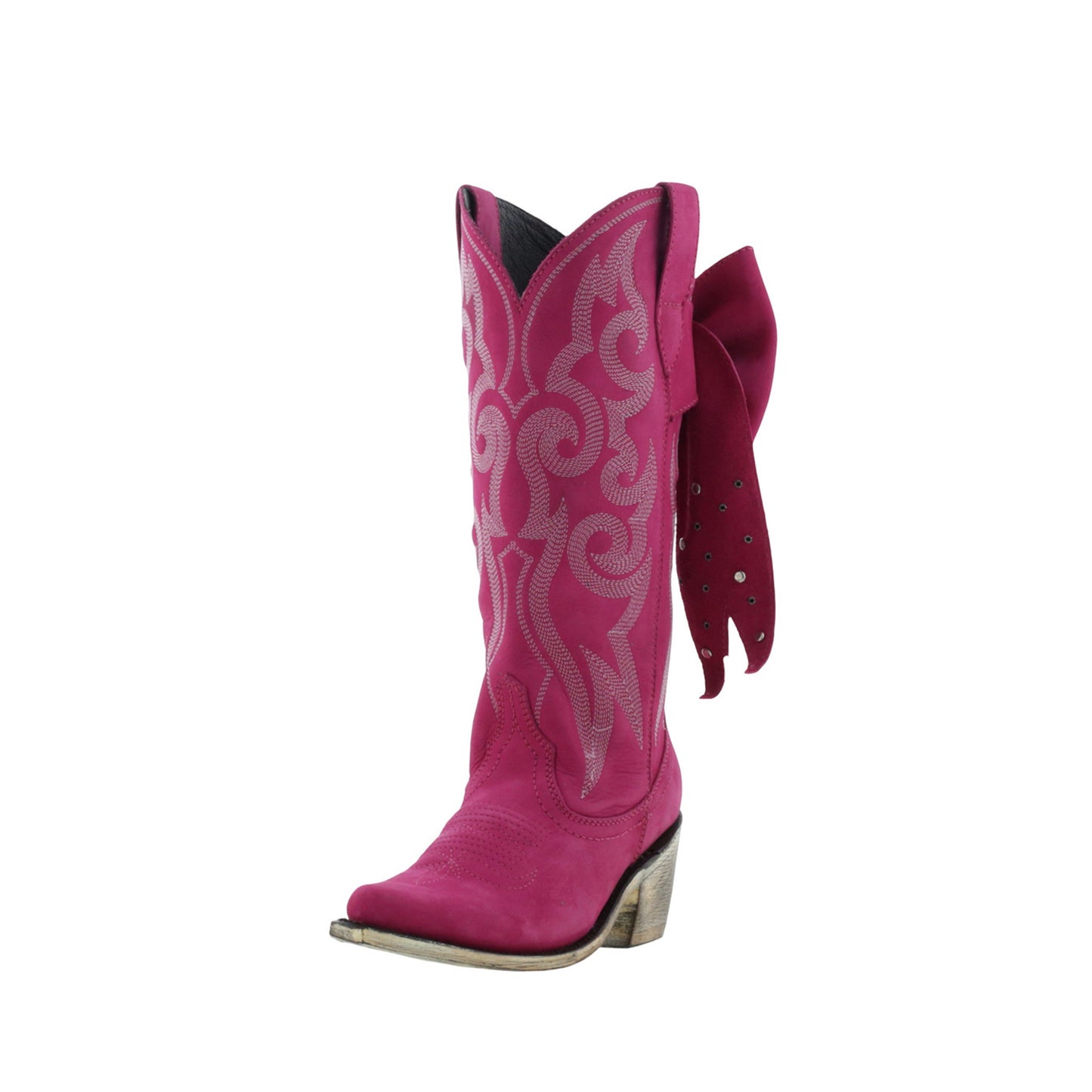Fuchsia Pointed-Toe Embroidery Back Studded Bow Mid Calf Cowgirl Boots