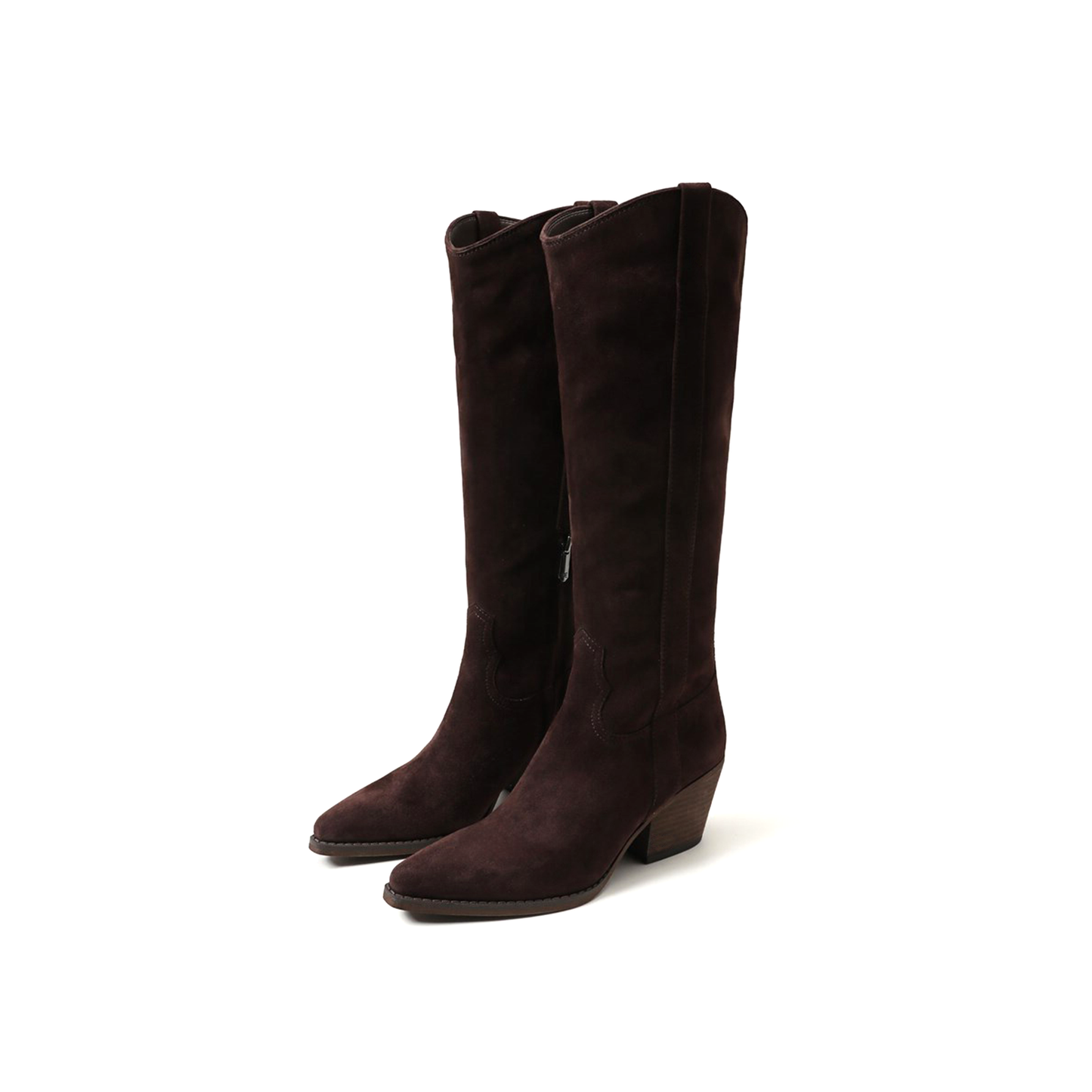 Chocolate Faux Suede Pointed-Toe Half-Zip Knee High Cowgirl Boots