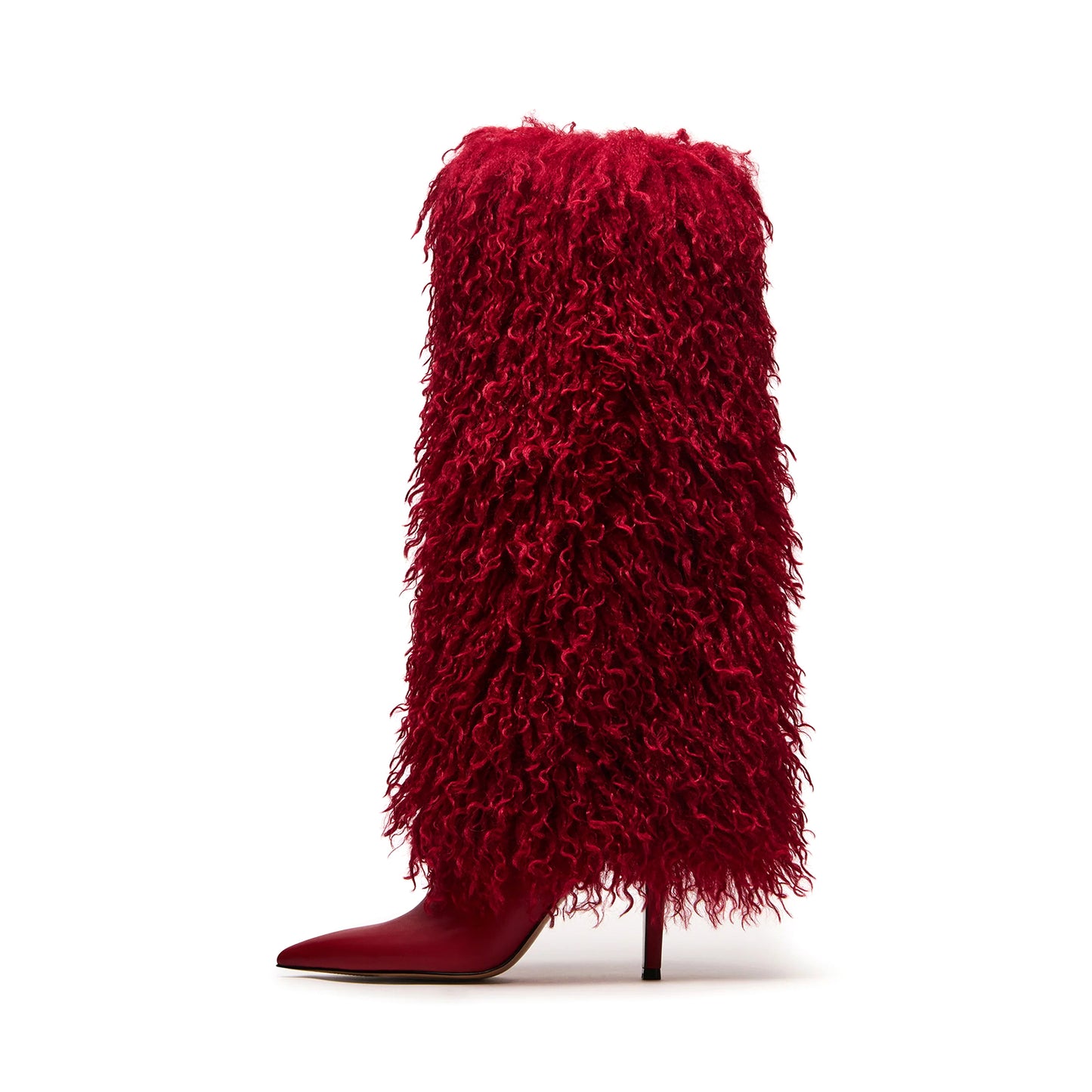 Red Pointed-Toe Full Plush Wide Calf Knee High Stiletto Boots