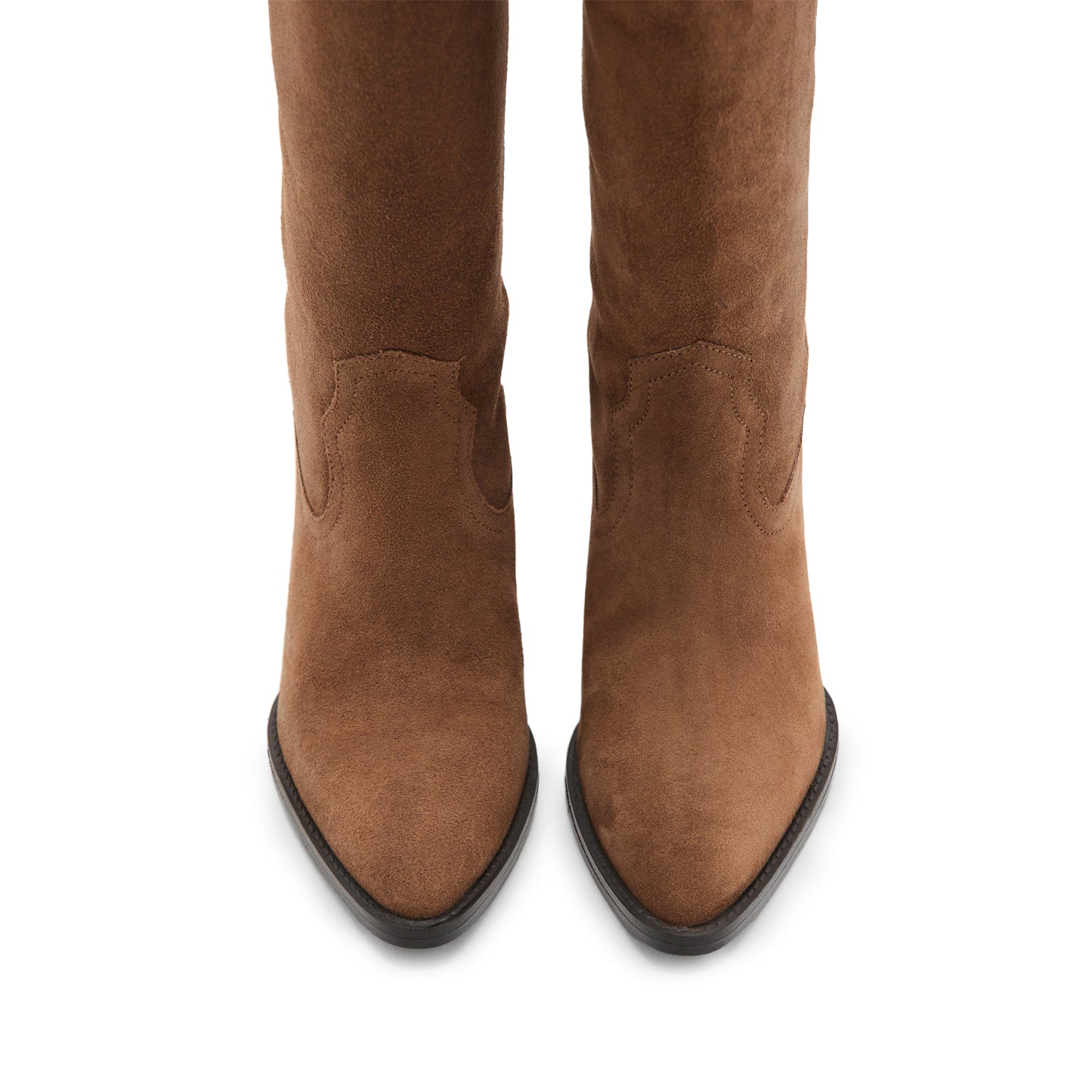 Brown Faux Suede Almond-Toe Simple Wide Calf Knee High Cowgirl Boots
