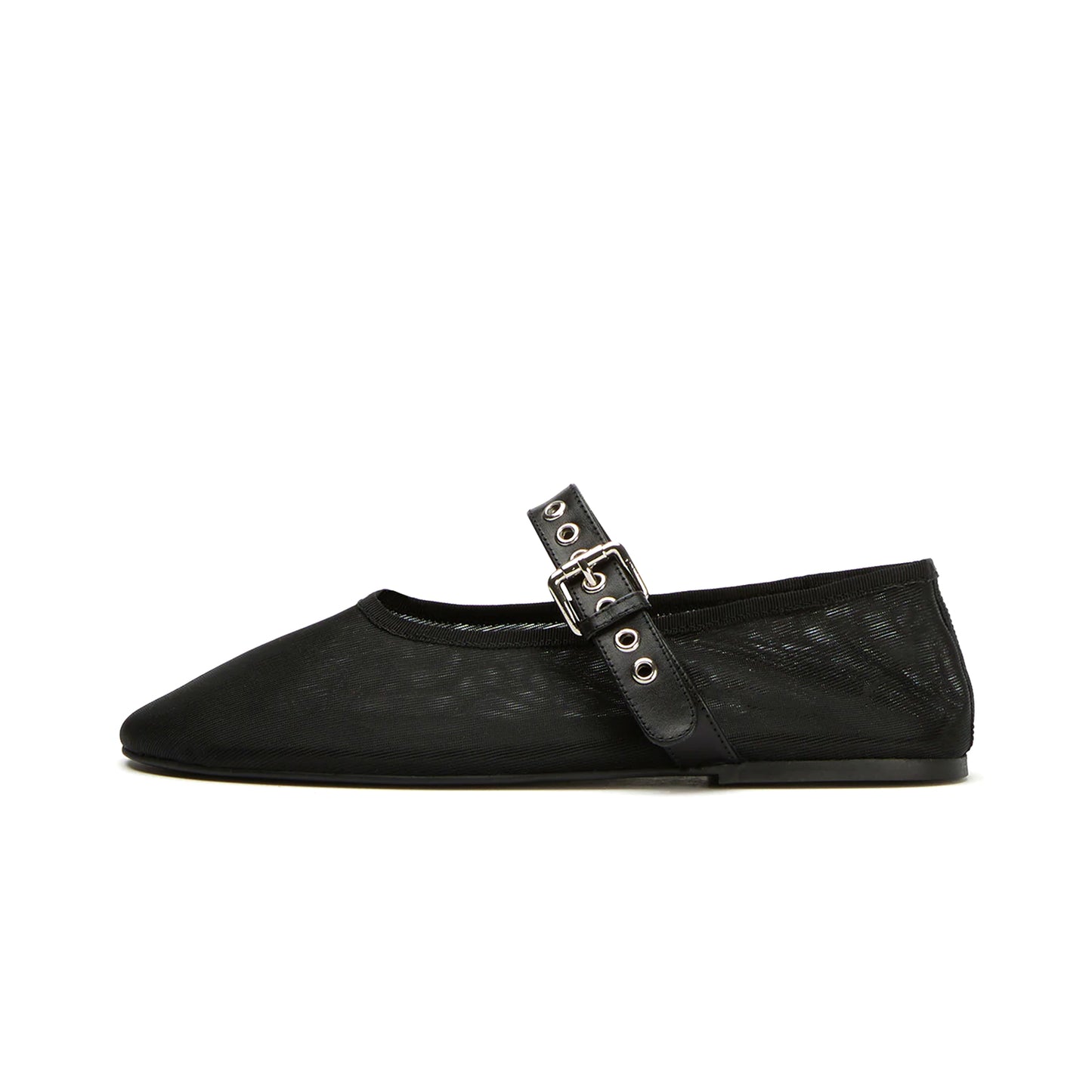 Black Mesh Round-Toe Ballet Flats With Bridge Strap