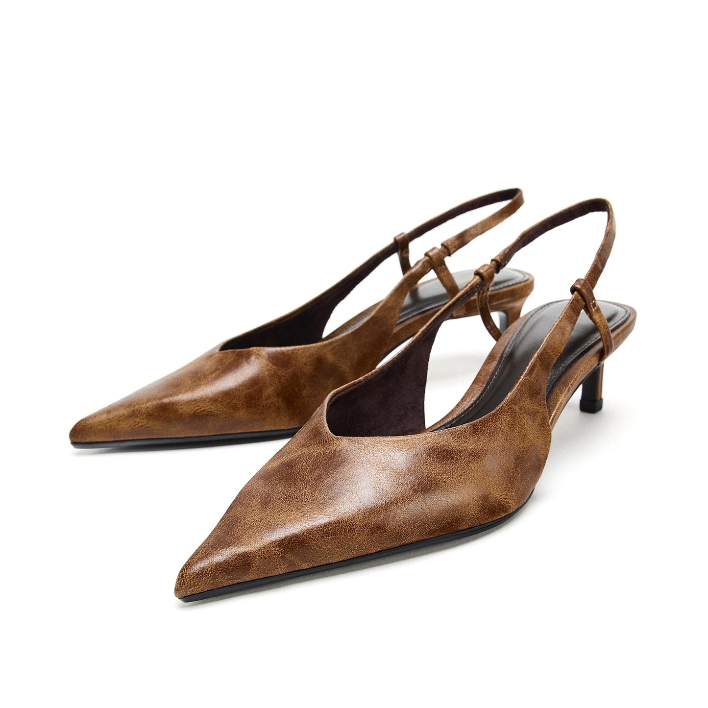 Distressed Brown Pointed-Toe Slingback Kitten Heels
