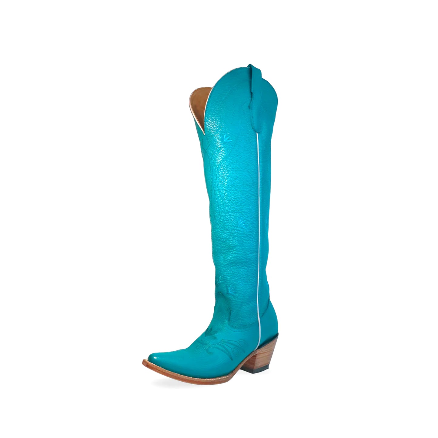 Sky Blue Snip-Toe Wide Calf Embroidery Knee High Cowgirl Boots