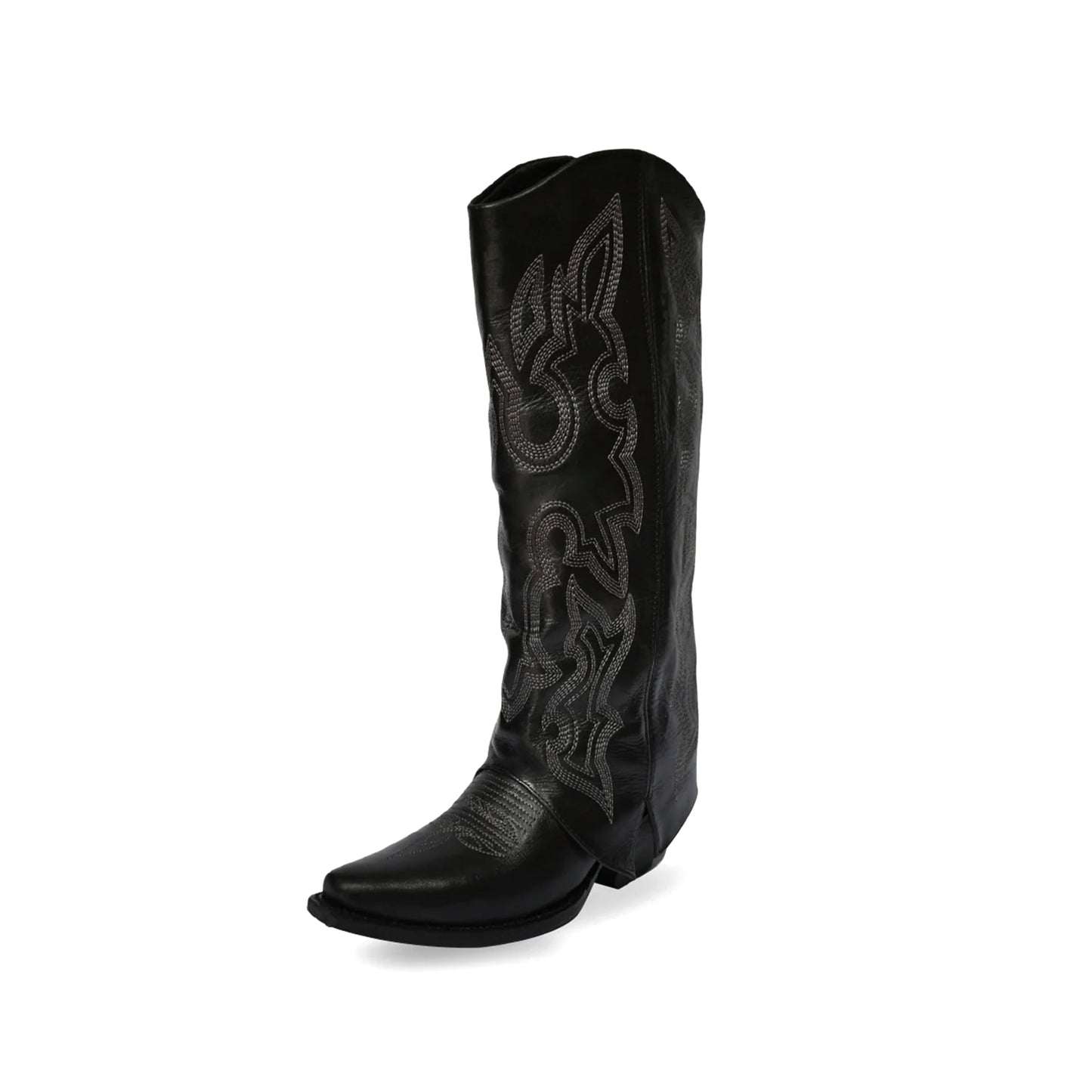 Black Snip-Toe Embroidery Fold-Over Wide Calf Knee High Cowgirl Boots