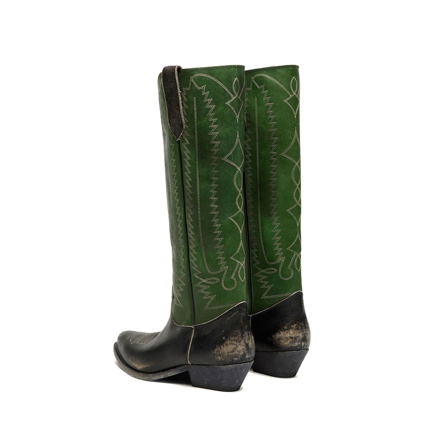 Contrast Green And Black Snip-Toe Chic Embroidery Wide Calf Knee High Cowgirl Boots