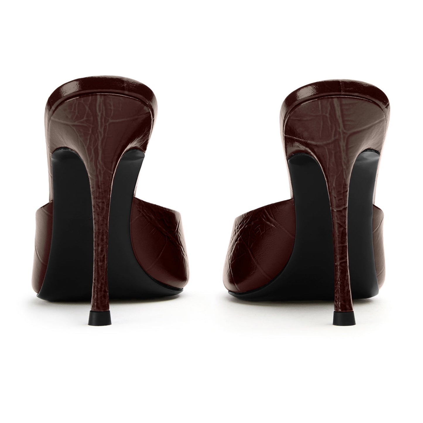 Burgundy Stone Pattern Peep Round-Toe Slip-On Backless Stiletto High Heels
