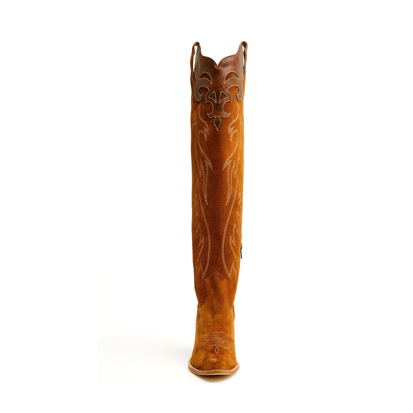 Brown Faux Suede Round-Toe Half-Zip Embroidery Tall Knee High Cowgirl Boots