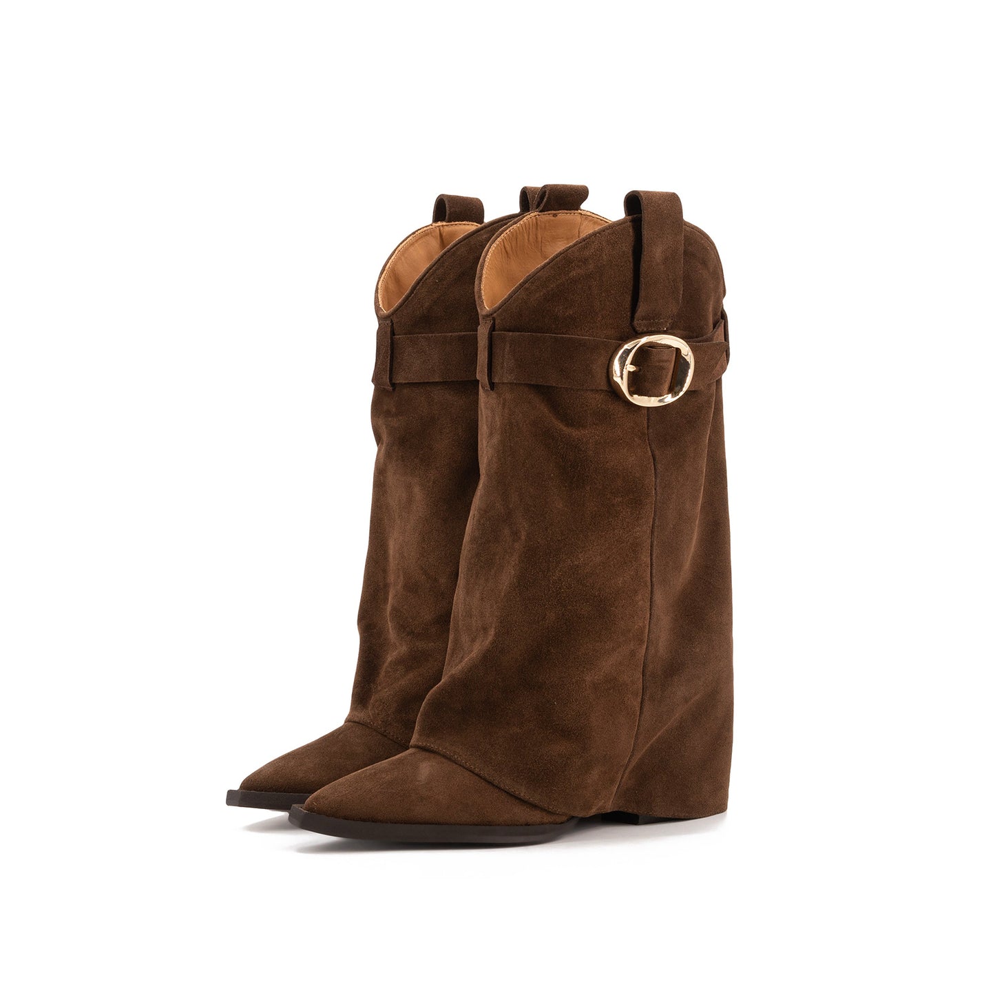 Brown Faux Suede Pointed-Toe Fold-Over Shaft Buckle Mid Calf Cowgirl Boots