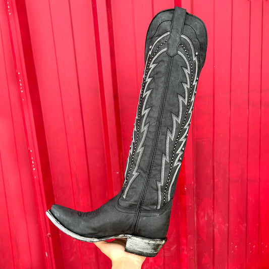 Black Snip-Toe Embroidery Rhinestone Wide Calf Knee High Cowgirl Boots