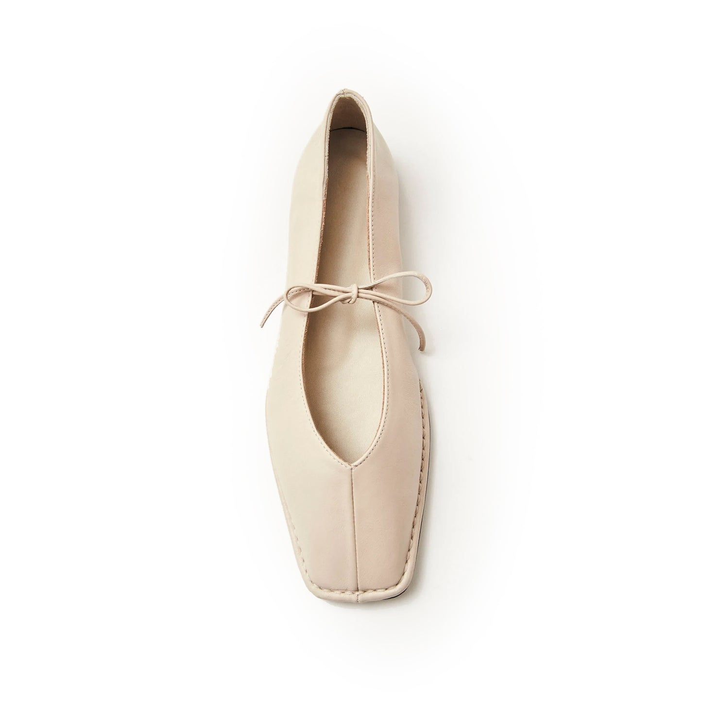 Cream Square-Toe V-Cut Vamps Bridge Self-Tie Bow Ballet Flats