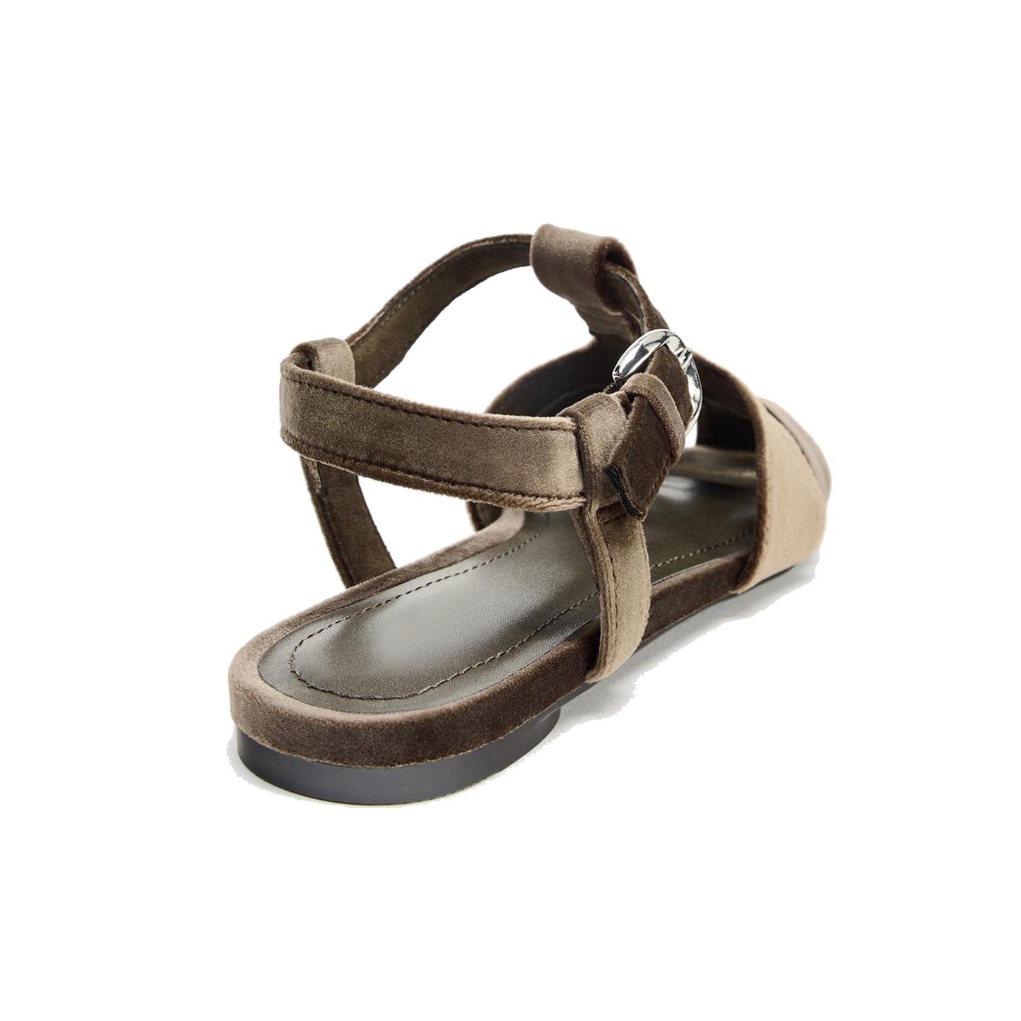 Brown Velvet Square-Toe Caged Detail Buckle Strap Sandals Flats