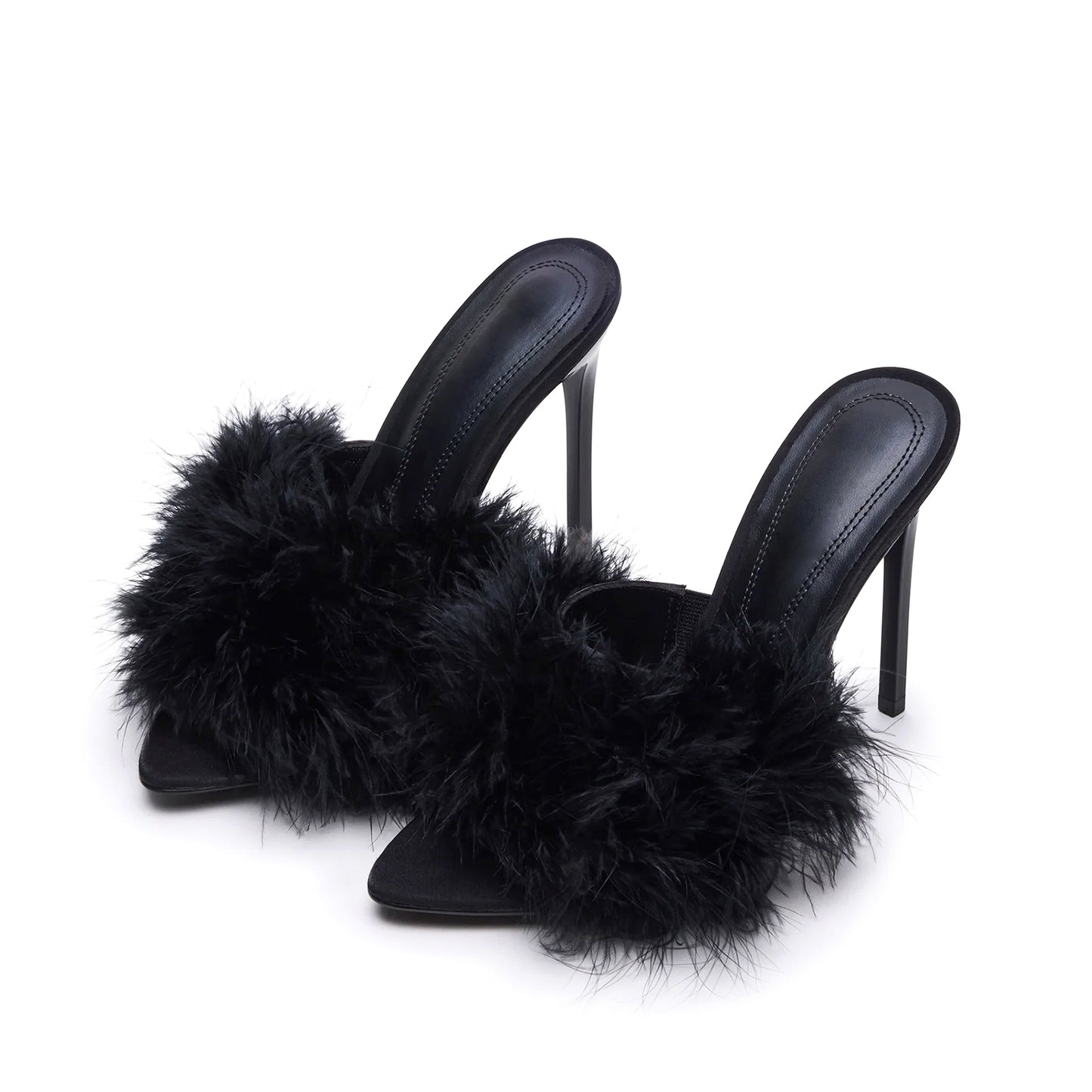 Black Pointed-Toe Front Plush Slip-On High Heels