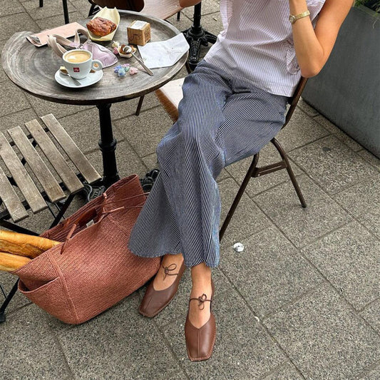 Brown Square-Toe V-Cut Vamps Bridge Self-Tie Bow Ballet Flats