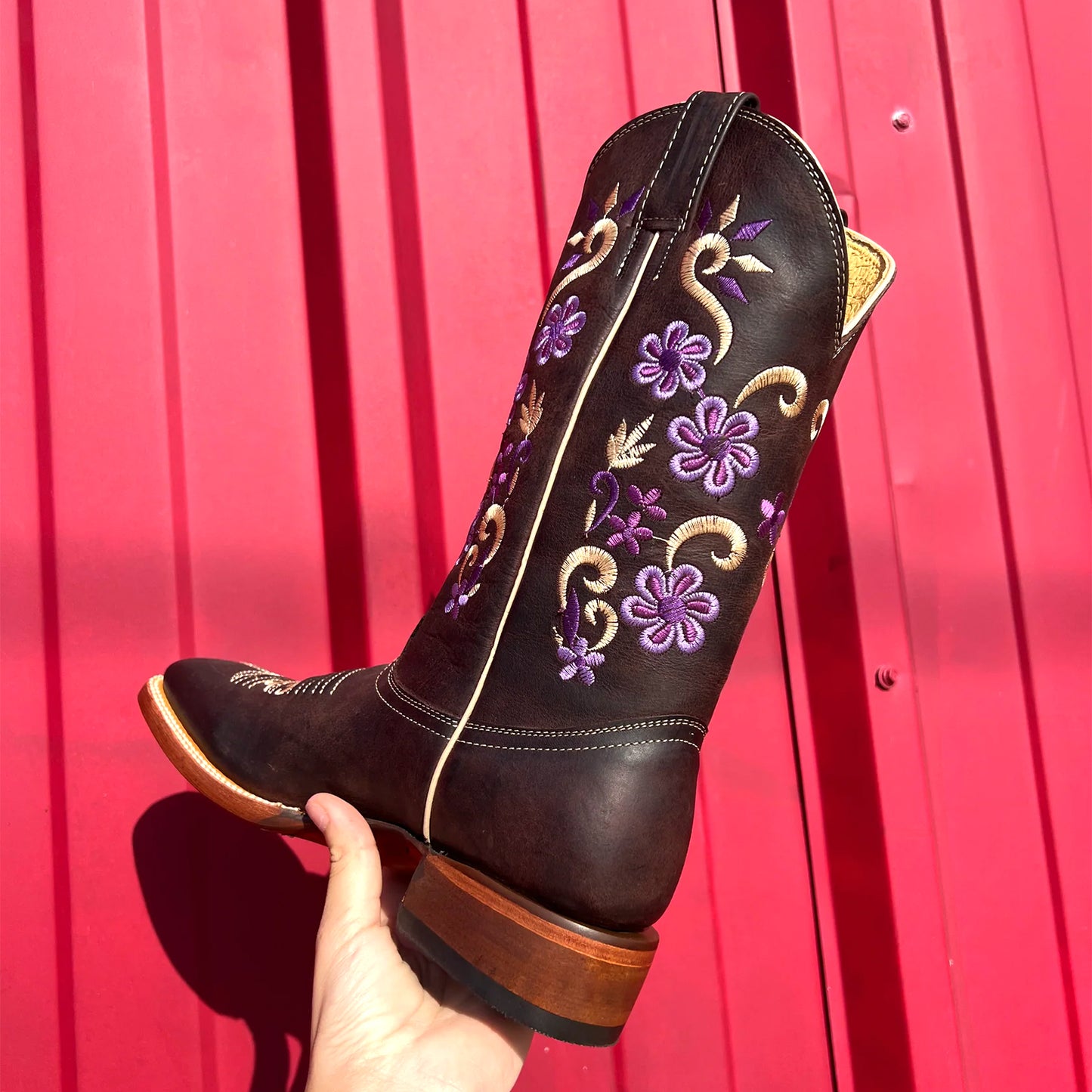 Black Square-Toe Flowers Embroidery Mid Calf Cowgirl Boots