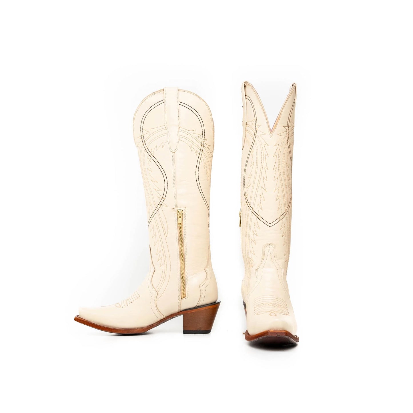 Bone Snip-Toe Half-Zip Double Embroidery Knee High Cowgirl Boots