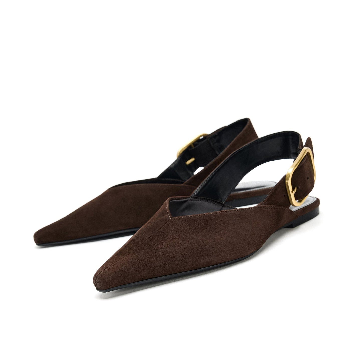 Chocolate Faux Suede Pointed-Toe Slingback Buckle Flats