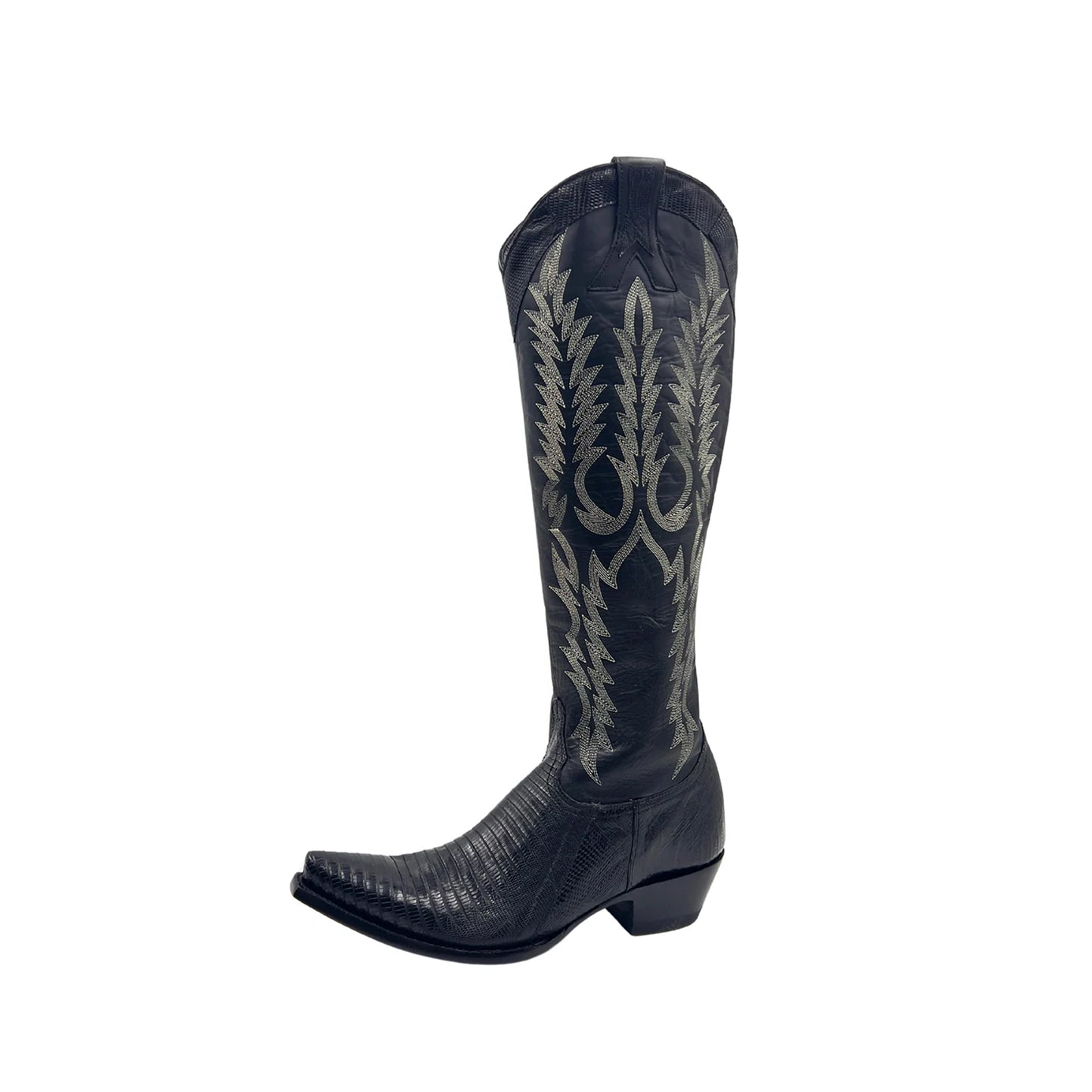 Black Lizard-Patterned Snip-Toe Embroidery Half-Zip Knee High Cowgirl Boots