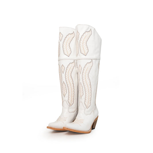 White Snip-Toe Wings Embroidery Half-Zip Knee High Cowgirl Boots
