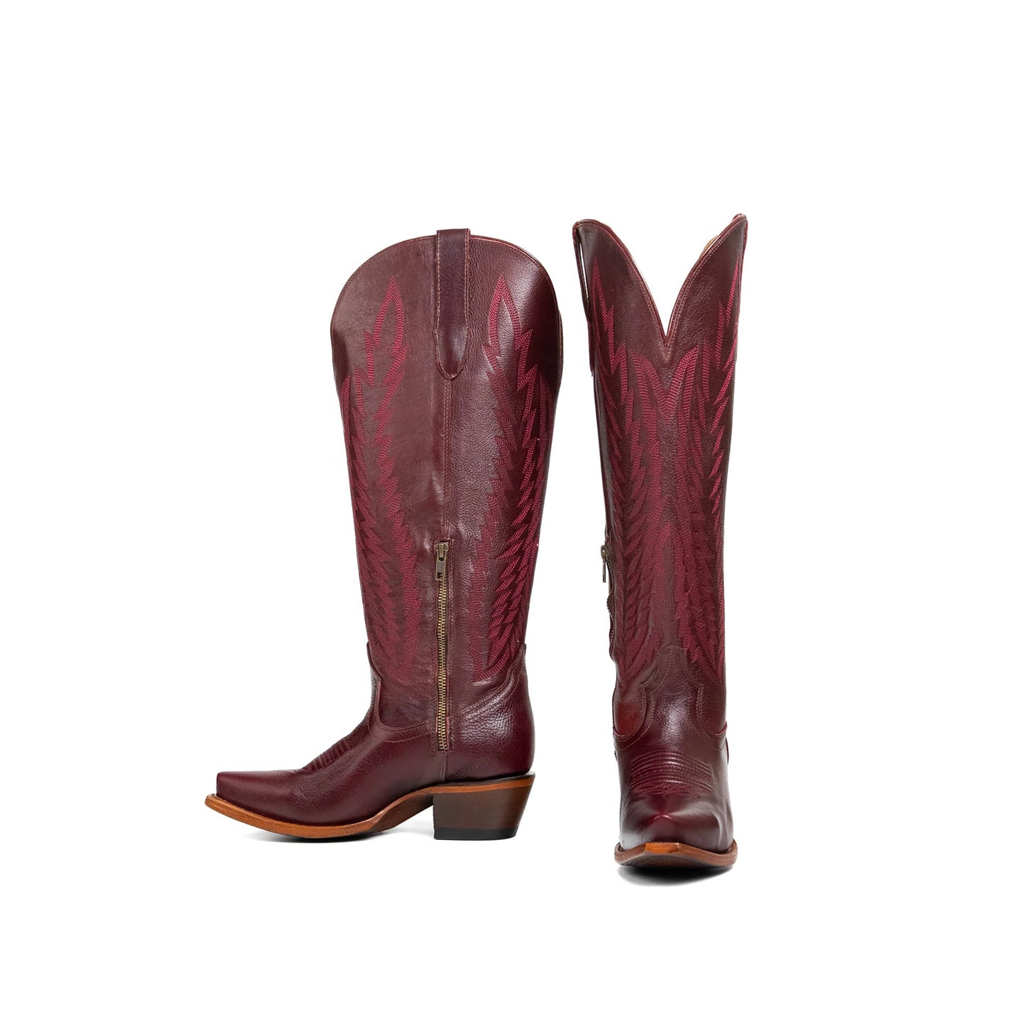 Wine Red Snip-Toe Classic Embroidery Half-Zip Knee High Cowgirl Boots