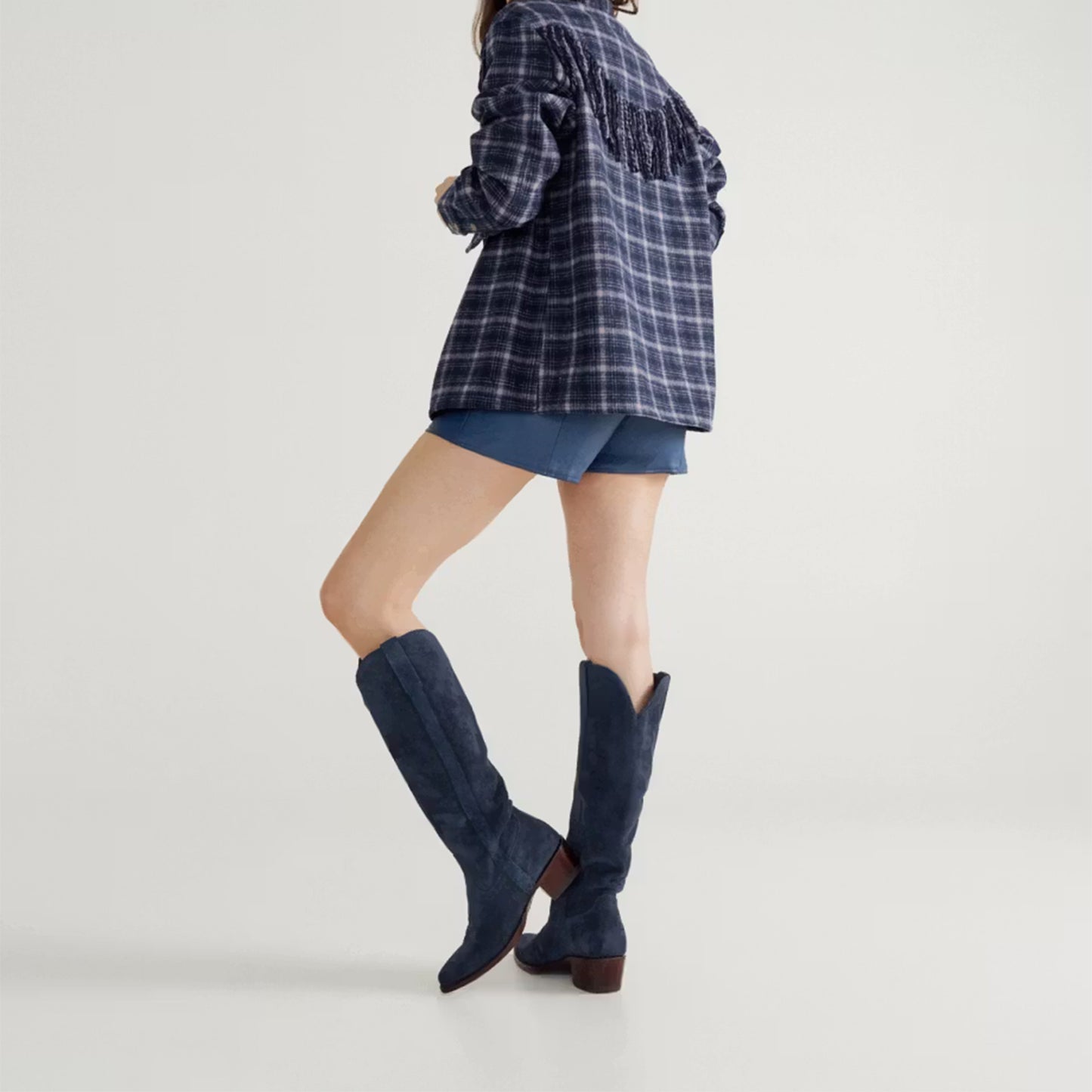 Navy Blue Faux Suede Almond-Toe Embroidery Wide Calf Knee High Cowgirl Boots