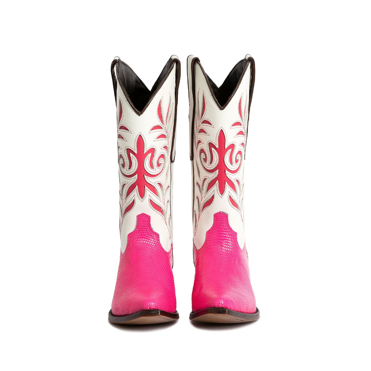 Contrast White And Pink Lizard Print Pointed-Toe Inlays Mid Calf Cowgirl Boots