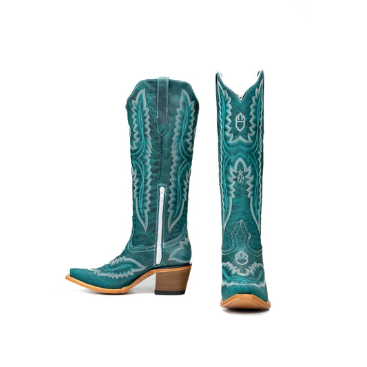 Turquoise Snip-Toe Embroidery Half-Zip Knee High Classic Cowgirl Boots