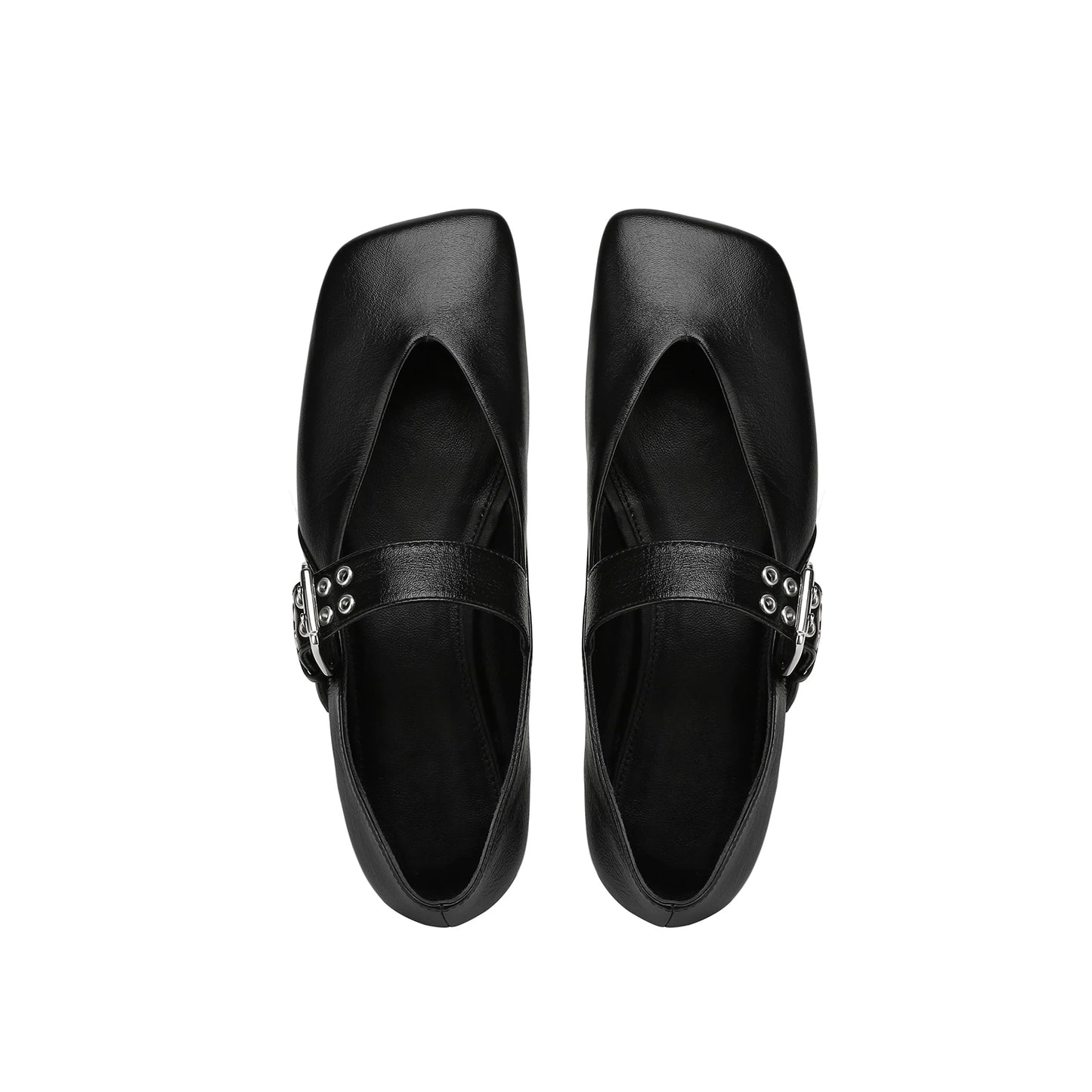 Black Vegan Leather Square-Toe Bridge Strap With Double Eyelets Flats