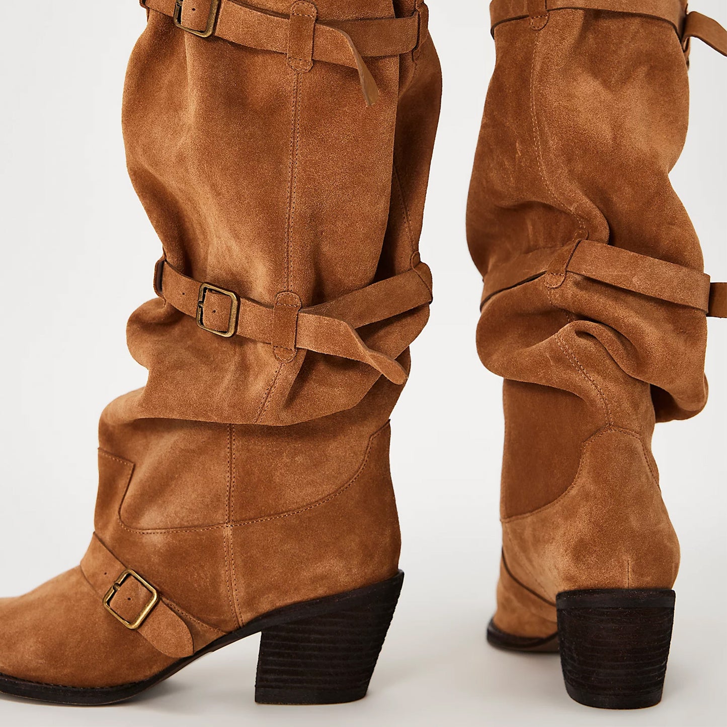 Tan Faux Suede Snip-Toe Three Buckle Straps Wide Calf Knee High Cowgirl Boots