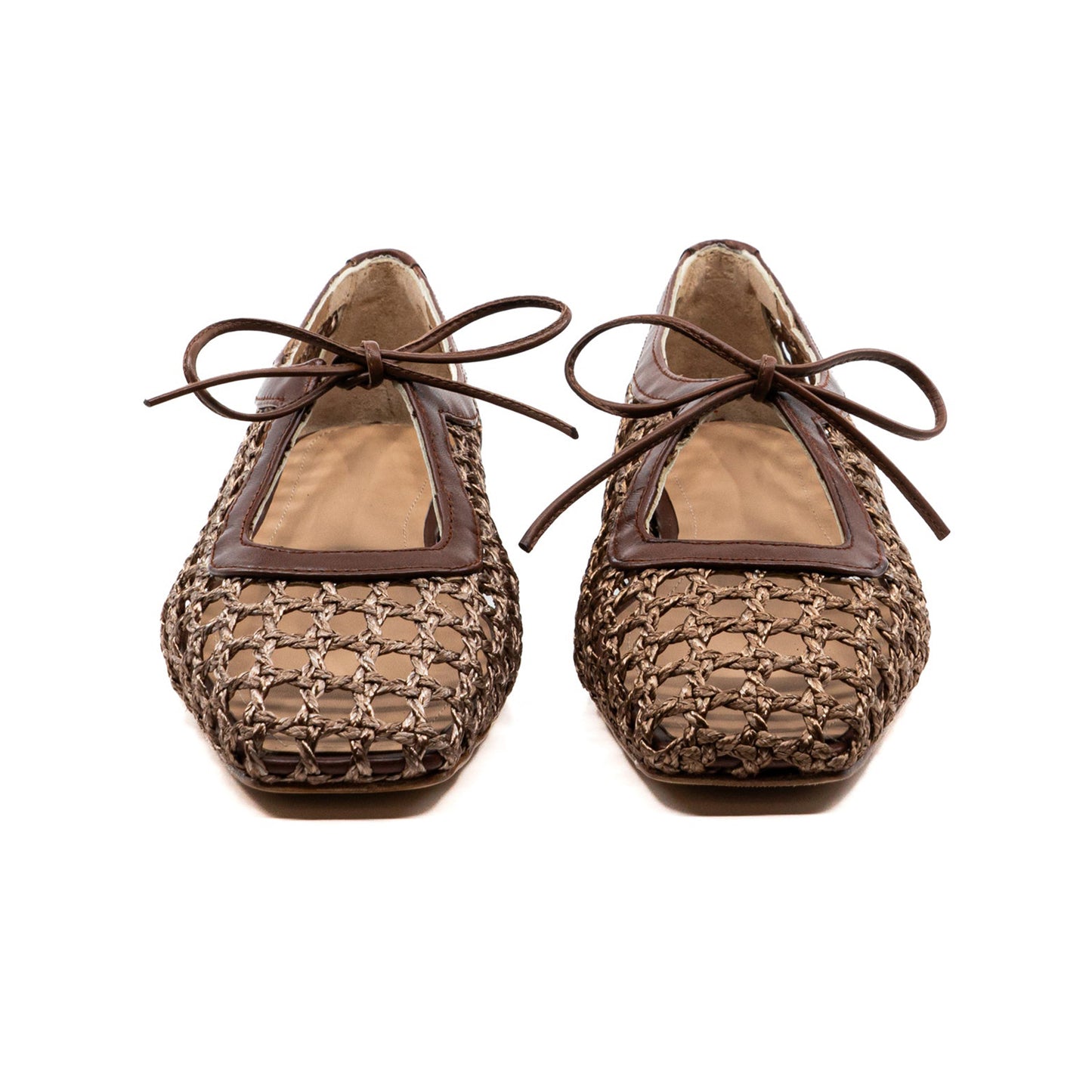 Brown Woven Vegan Leather Square-Toe Vamp Strap With Bow Ballet Flats