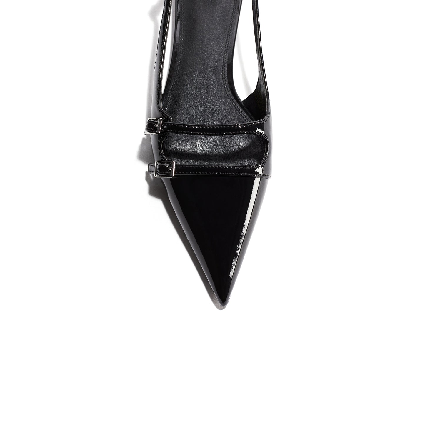 Patent Black Pointed-Toe Front Double Straps Slingback Flats